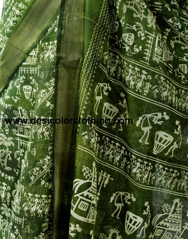 Olive Green Cotton Zari Saree