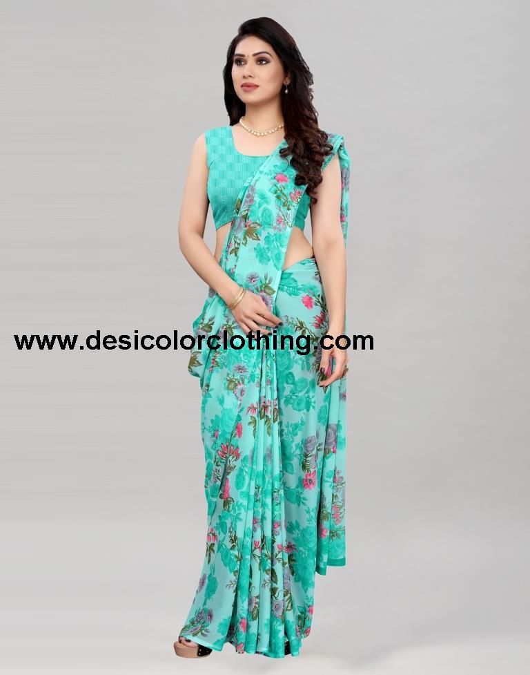 Gleaming Aqua Blue Printed Saree | 2041S576