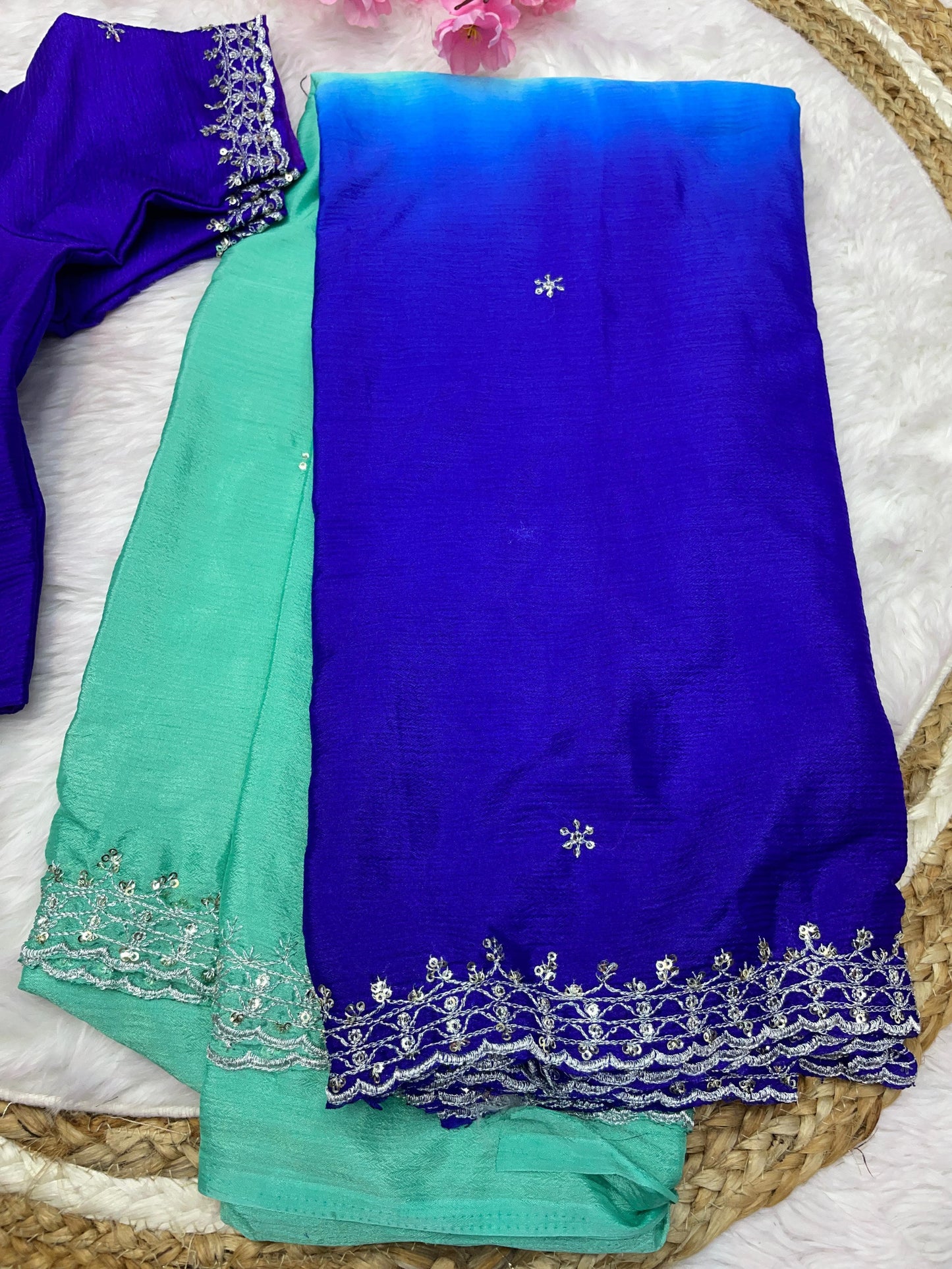 Product Image - Elegant Chinnon Saree with Heavy Embroidery and Jari Work