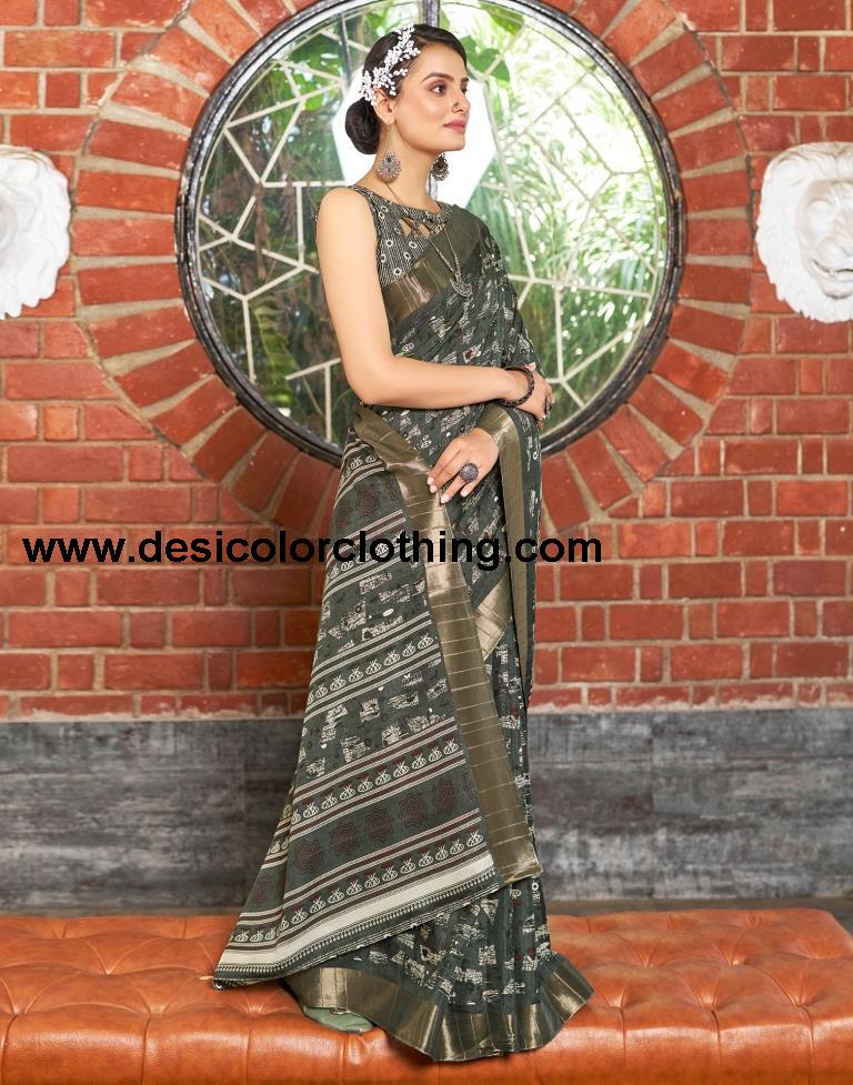 Dark Grey Silk Printed Saree