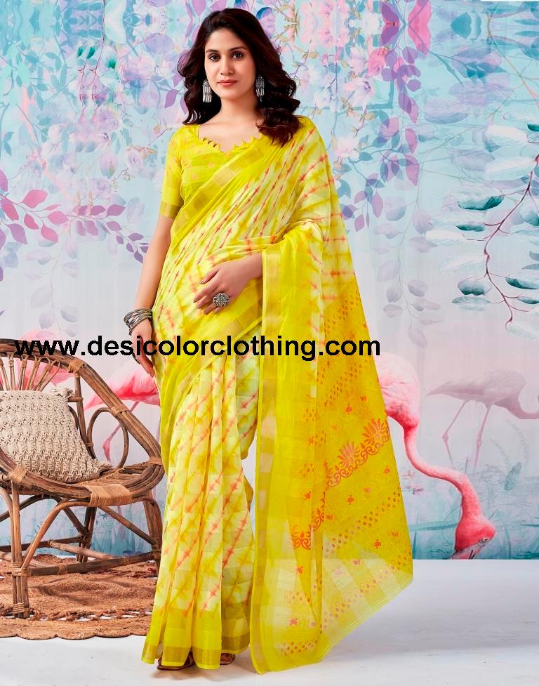 Yellow Cotton Zari Saree
