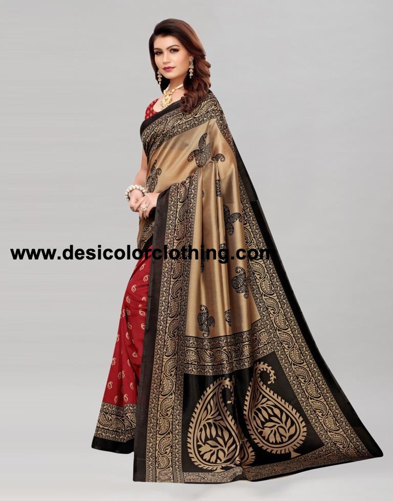 Beige And Maroon Coloured Poly Silk Printed Saree