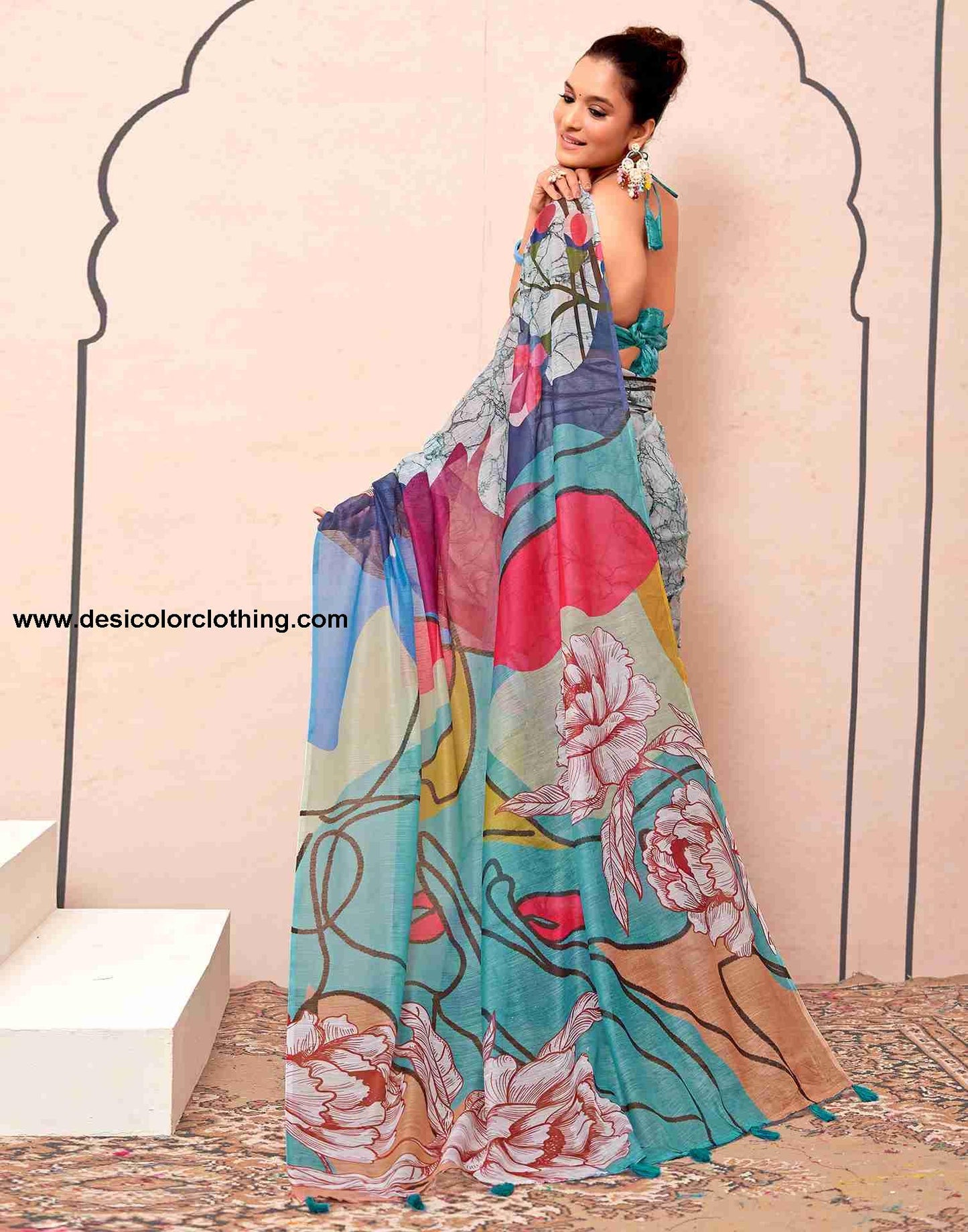 Turquoise Cotton Printed Saree