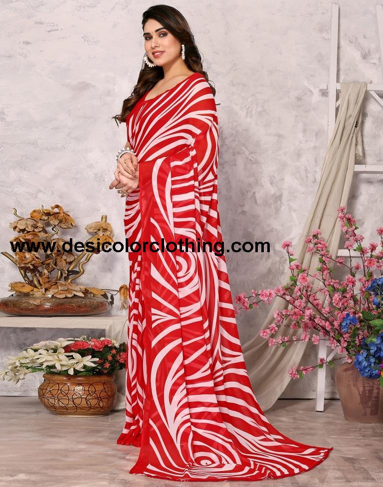 Red Printed Georgette Saree