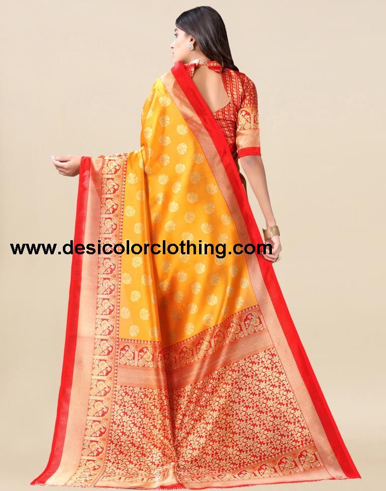 Golden Yellow And Red Silk Saree