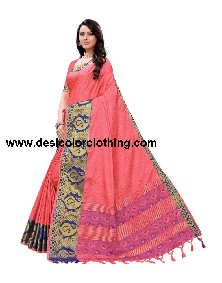 Brink Pink Coloured Poly Silk Jacquard Partywear saree