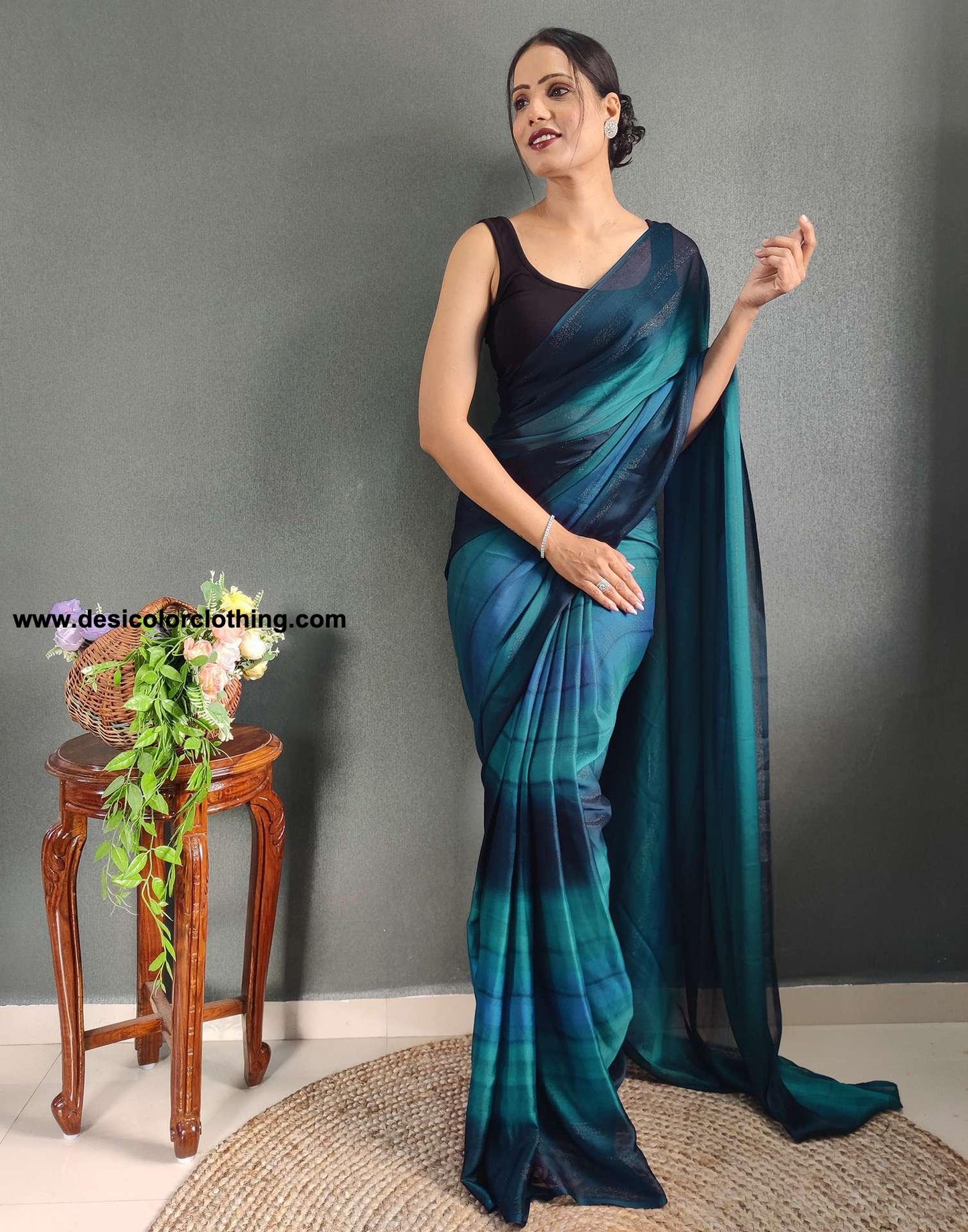 Blue Printed Georgette Pre-draped Saree