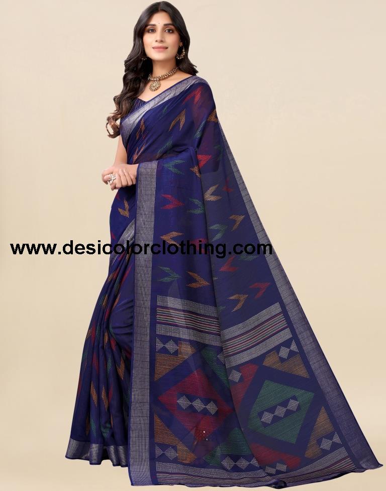 Dark Blue Cotton Printed Saree