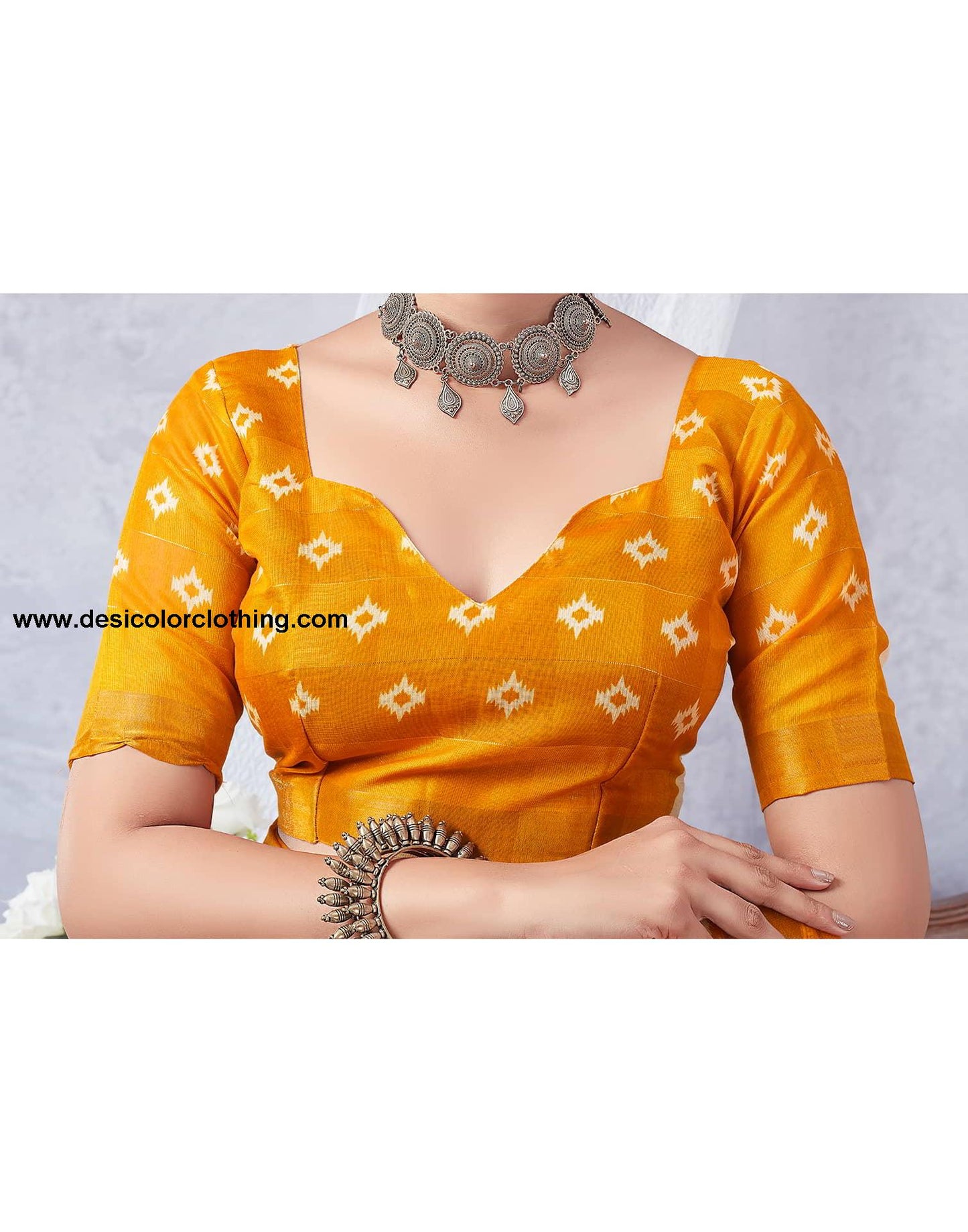 Yellow Printed Cotton Geometric Saree