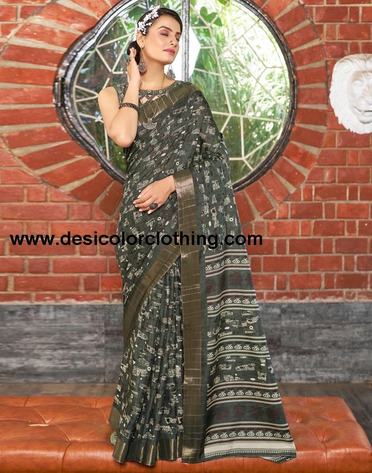 Dark Grey Silk Printed Saree