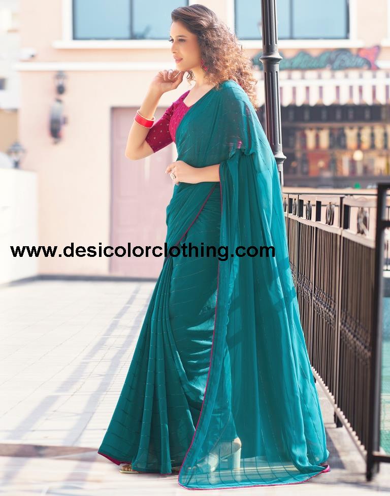 Rama Blue Plain Georgette Saree