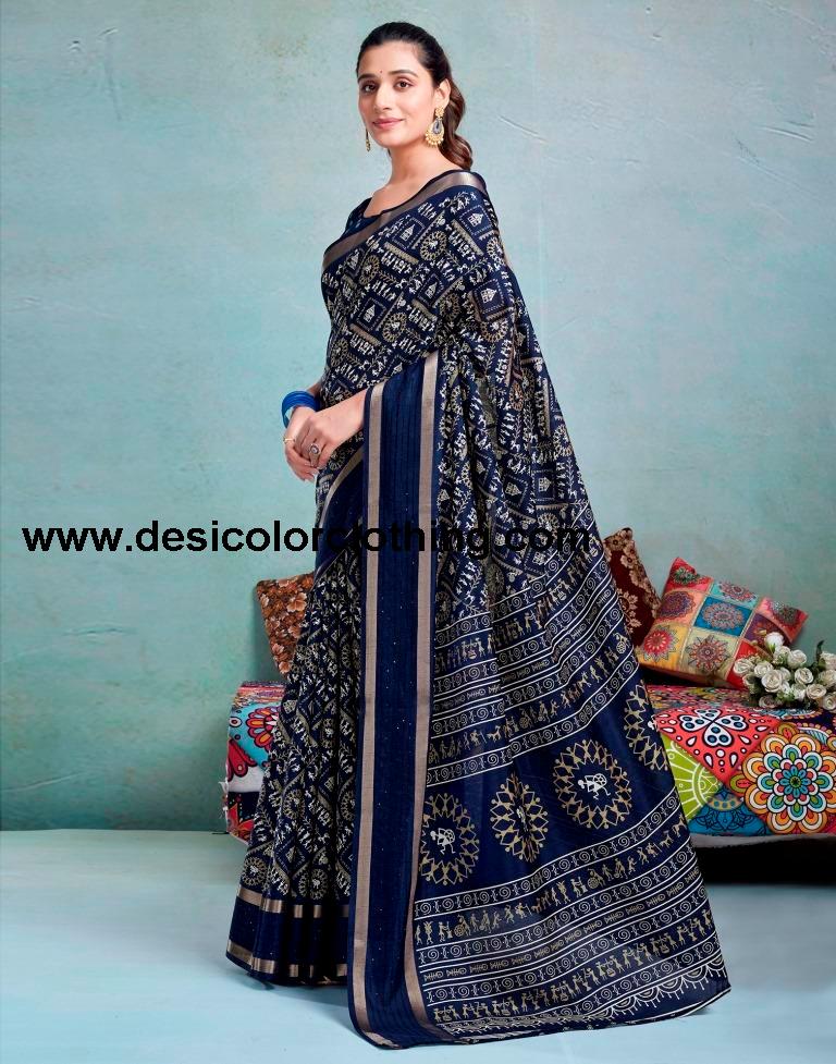 Dark Blue Silk Printed Saree