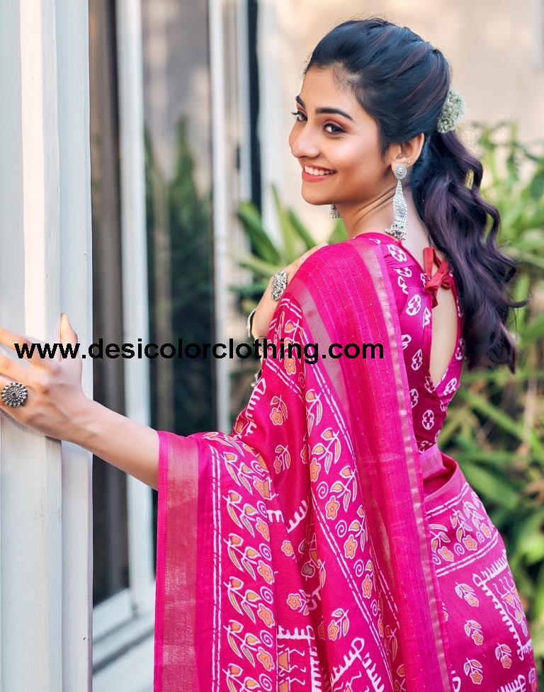 Rani Pink Silk Printed Saree