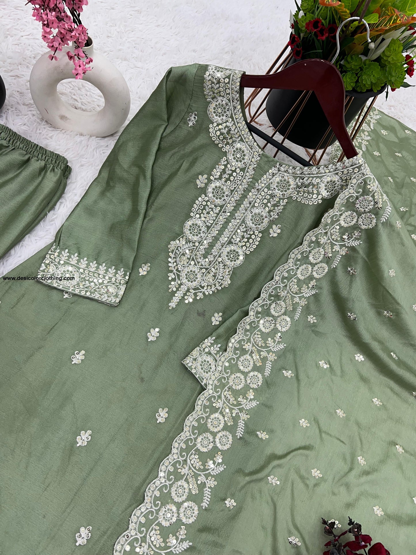 Pure Chinnon With Embroidery Sequence Work Top-Bottom And Dupatta Set Fully Stitched Ready To Wear*