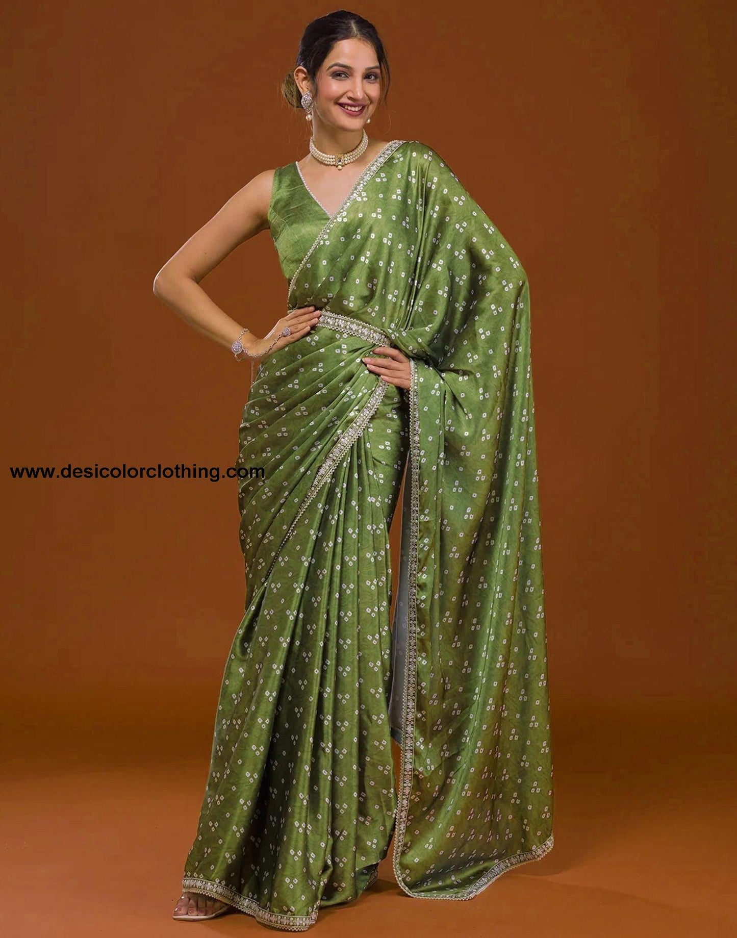 Olive Green Silk Bandhani Saree