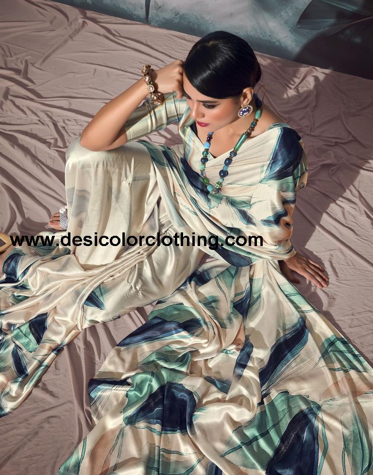 Cream Silk Printed Sarees