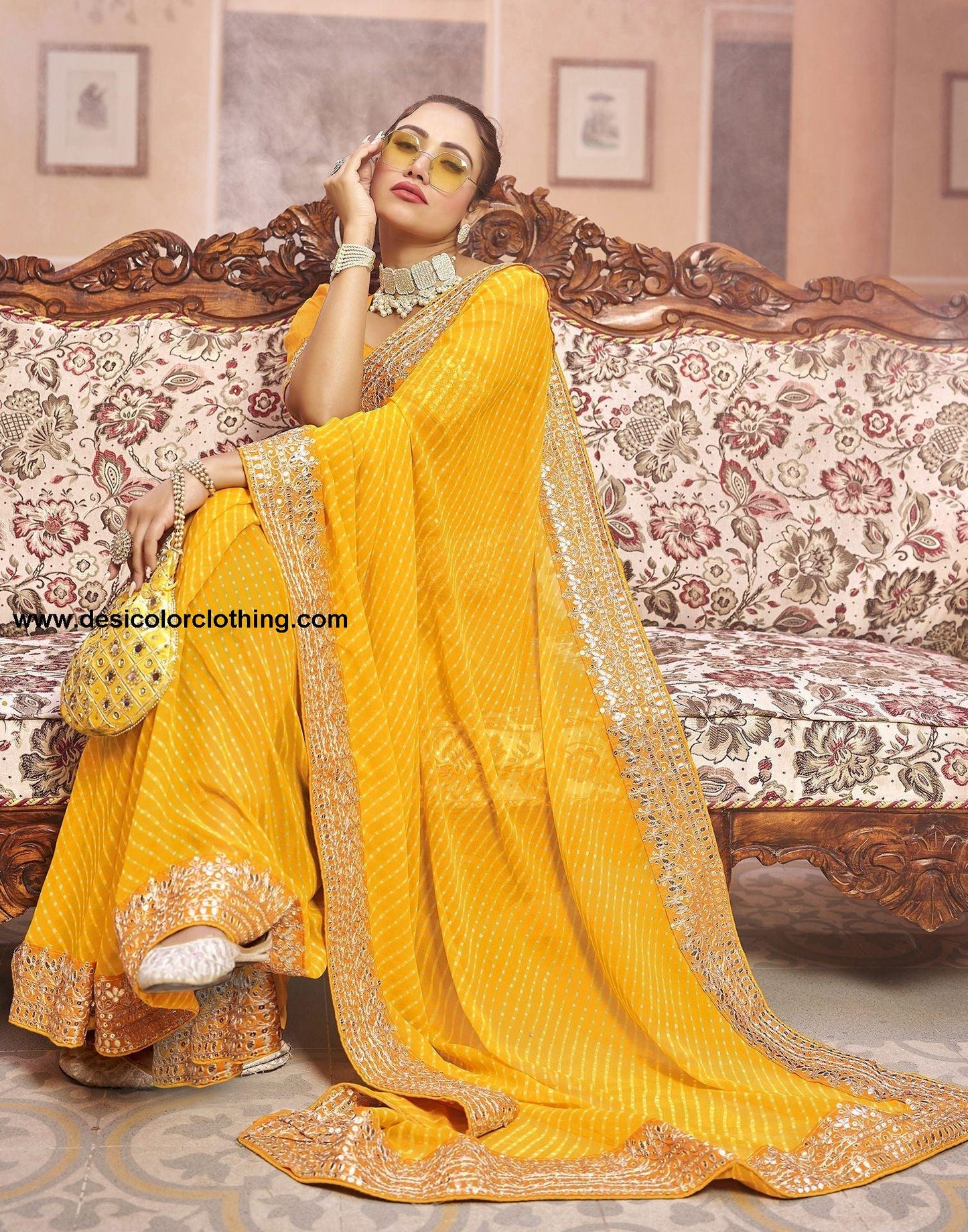 Yellow Plain Gergette Saree
