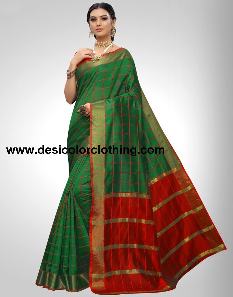 Green Coloured Chanderi Woven Checks Casual saree