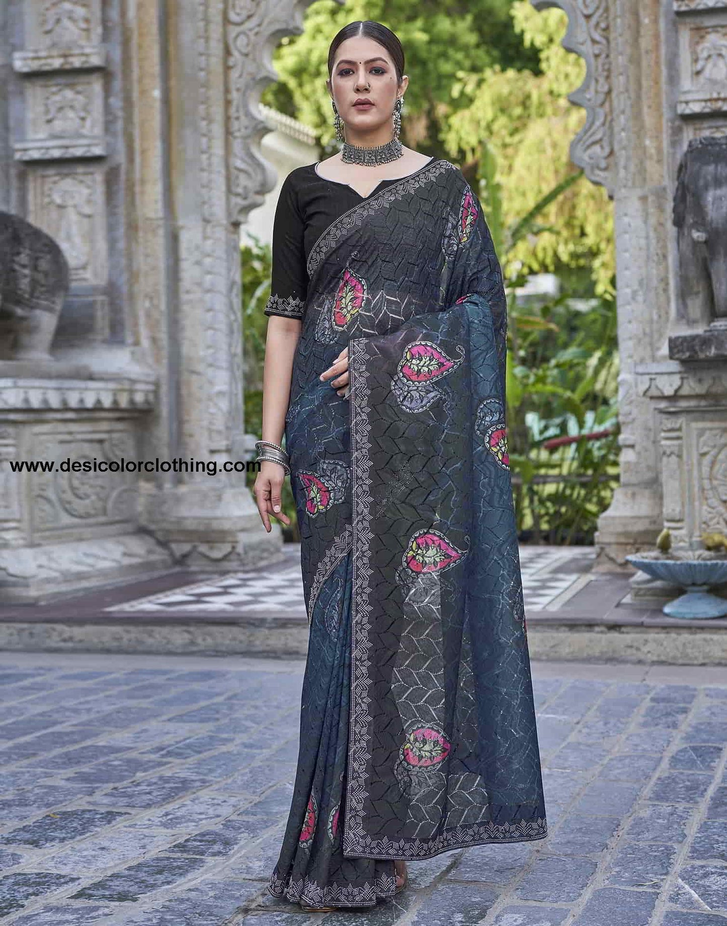 Blue Printed Net Stone Work Saree
