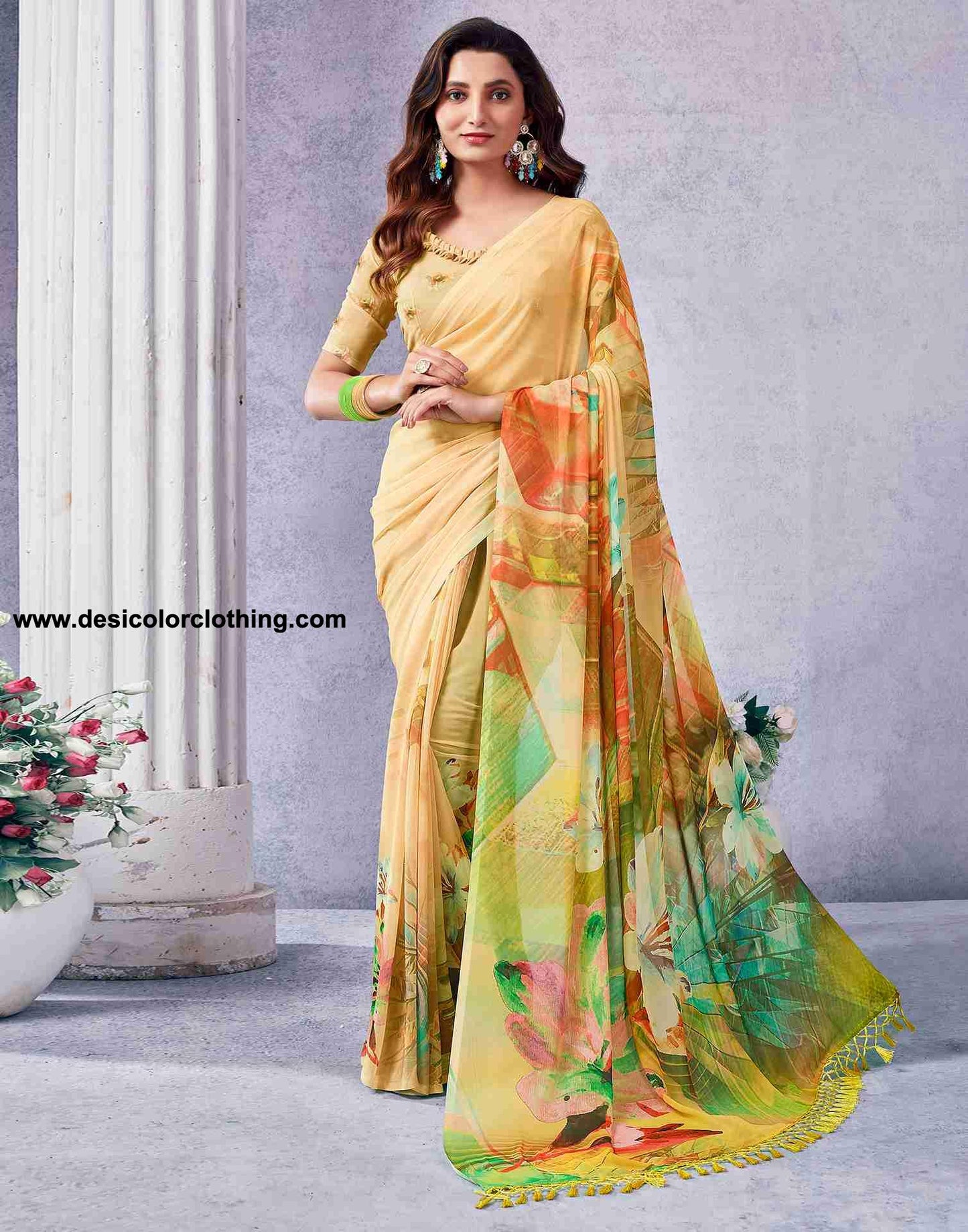 Yellow Georgette Printed Saree
