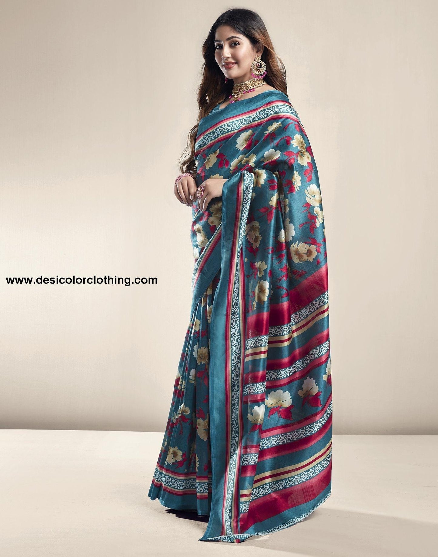 Rama Green Printed Silk Saree