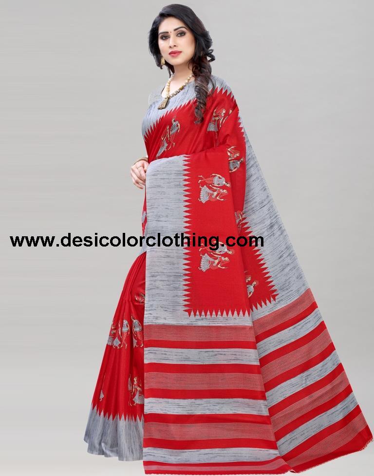 Red Coloured Khadi Silk Printed Casual saree