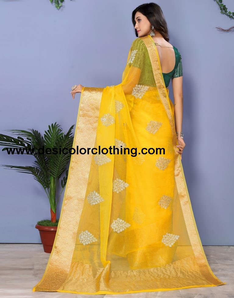 Yellow Organza Embroidery Saree