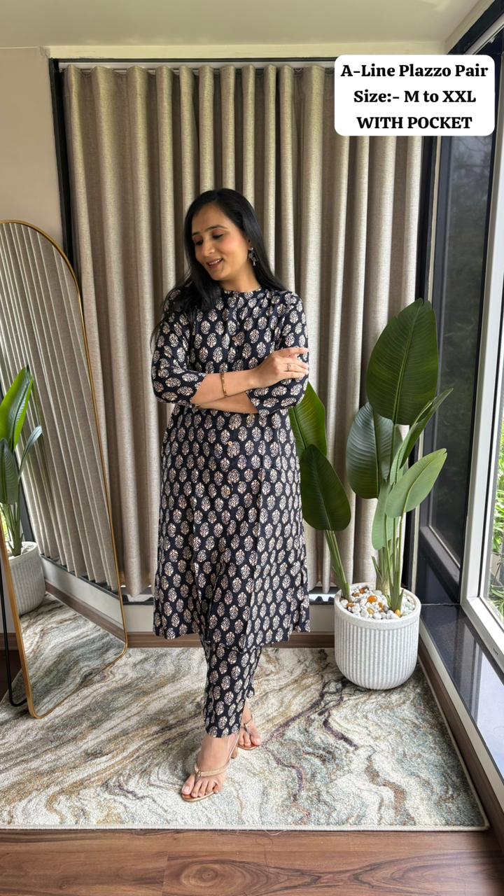 Product Image - Ajrakh Print Cotton Kurti Plazzo Set