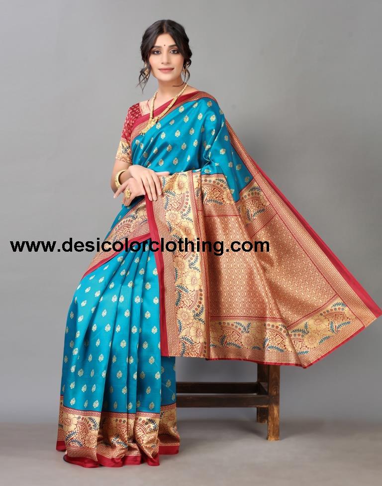 Peacock Blue And Beige Silk Saree
