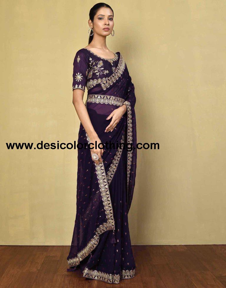 Deep Purple Georgette Plain Saree