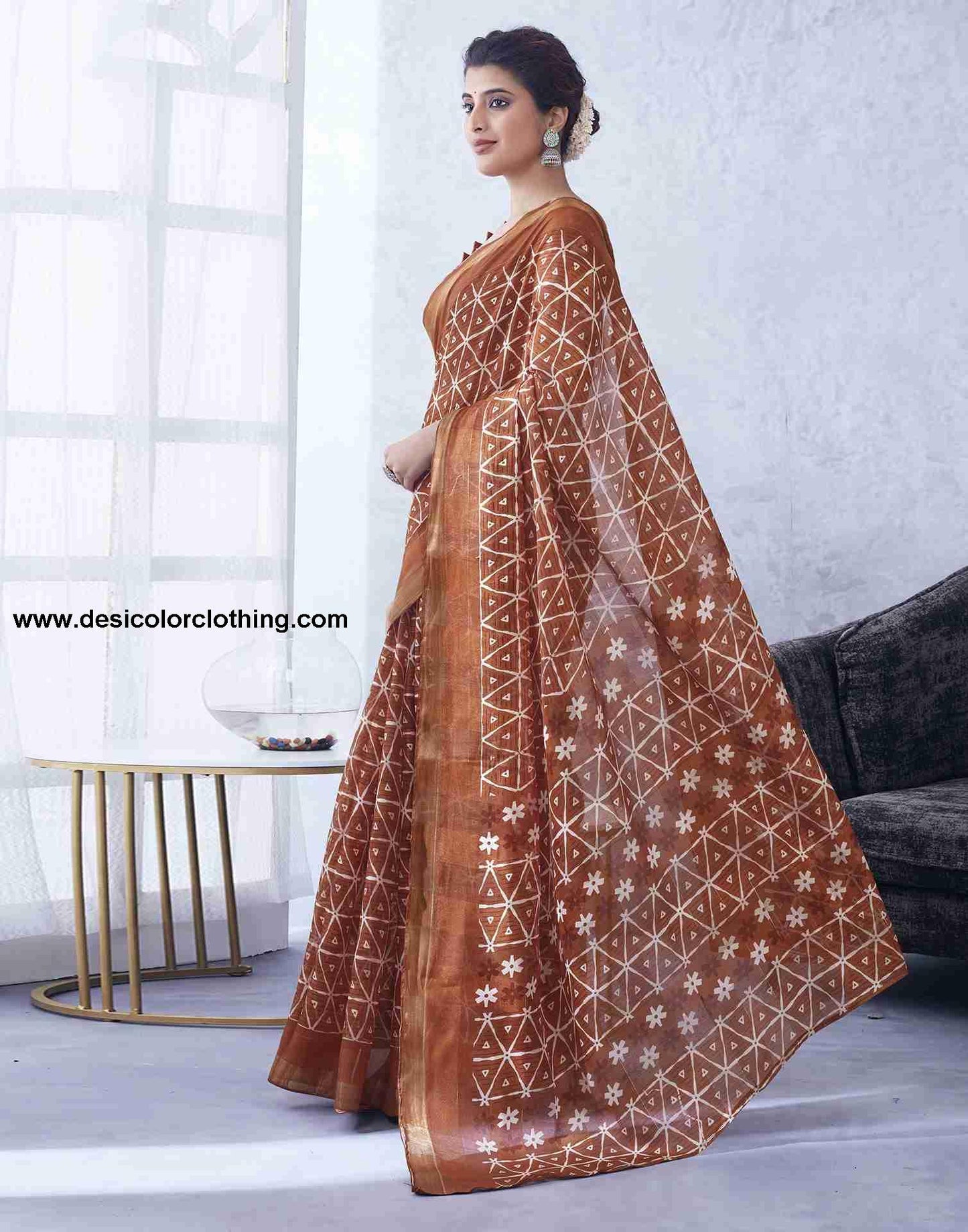 Rust Cotton Printed Saree