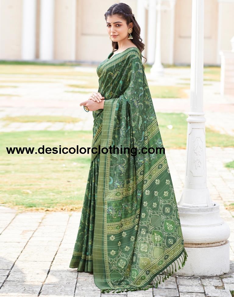 Dark Green Silk Printed Sarees