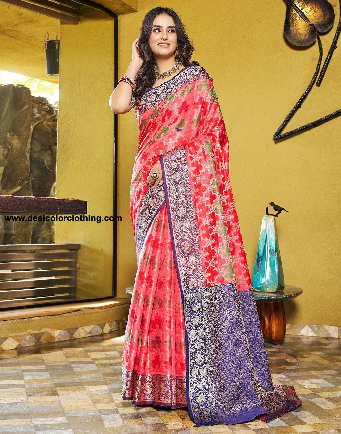 Pink Jacquard Silk Saree