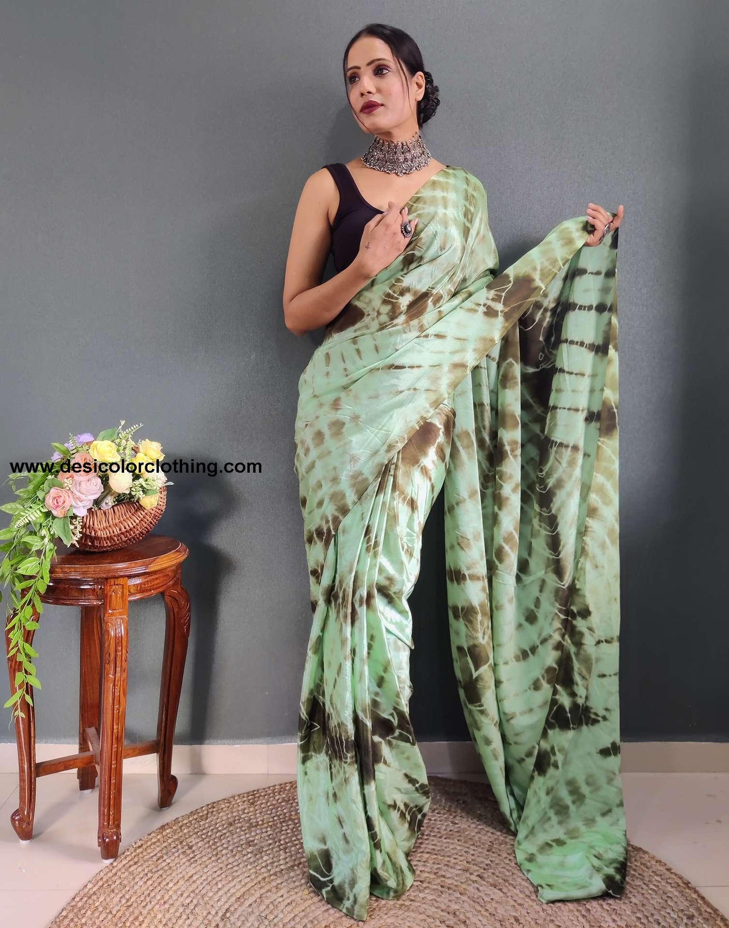 Sea Green Printed Silk Pre-draped Saree