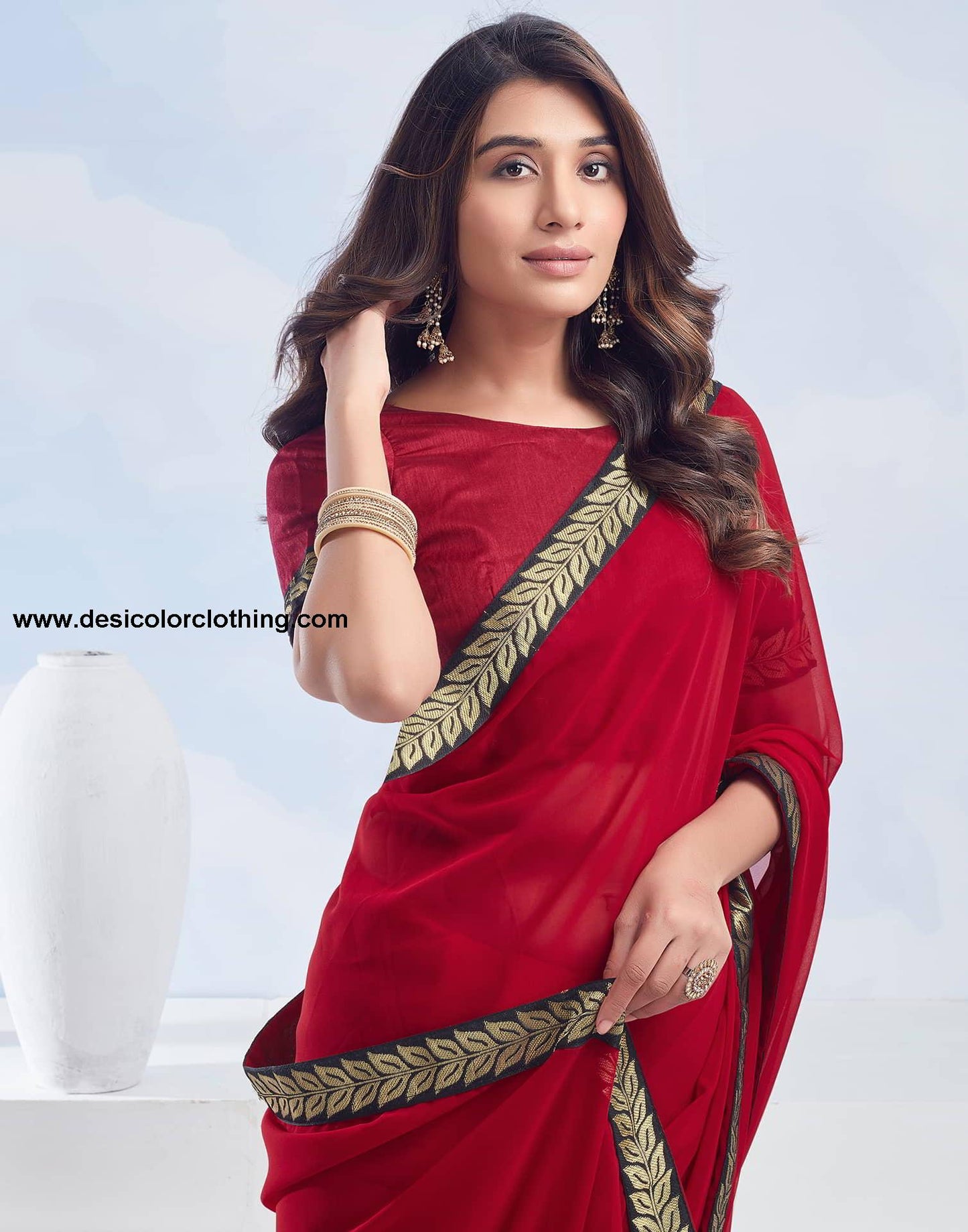 Red Plain Georgette Saree
