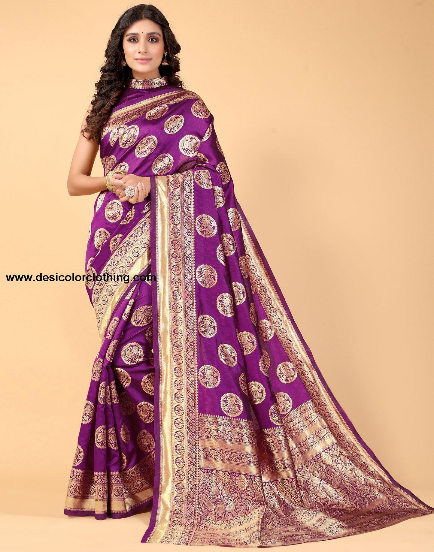 Magenta And Golden Silk Saree