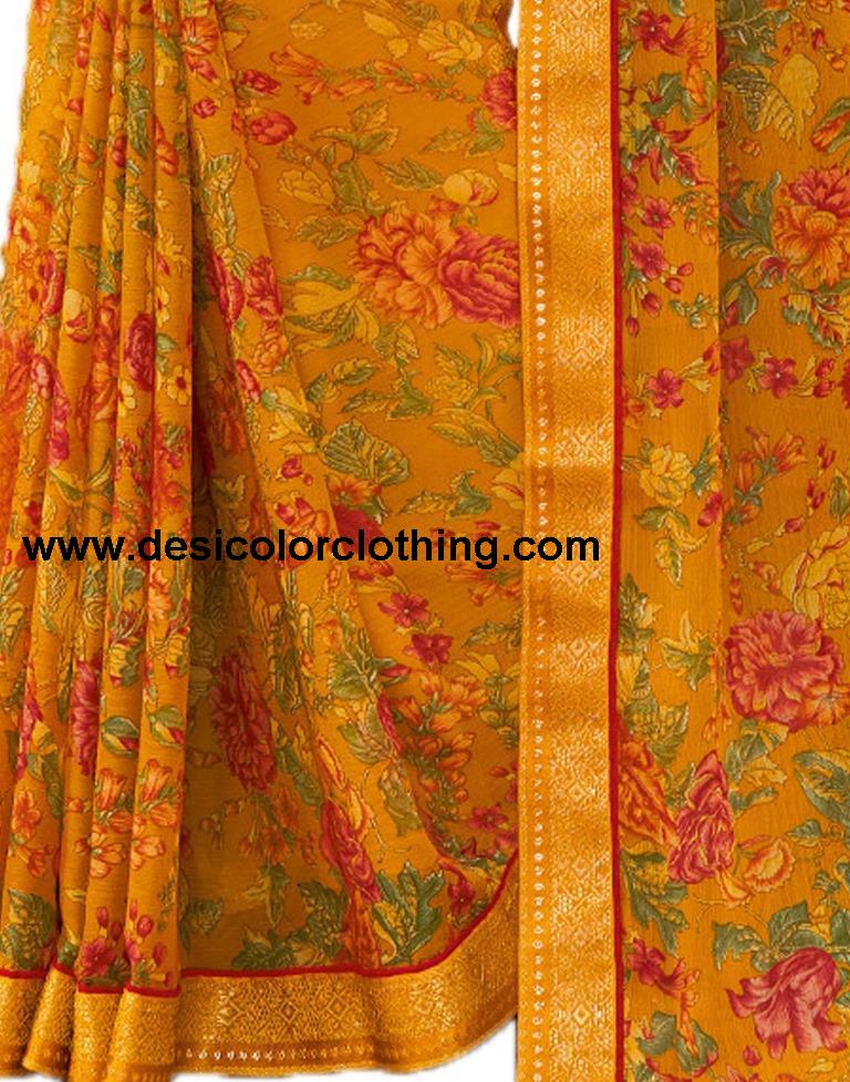 Turmeric Yellow Printed Chiffon Saree | 1976S513