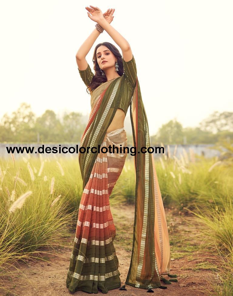Olive Green Georgette Plain Saree