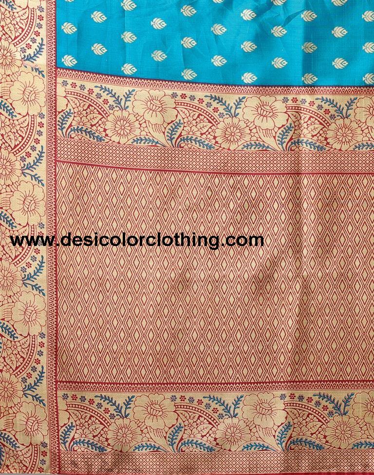 Peacock Blue And Beige Silk Saree