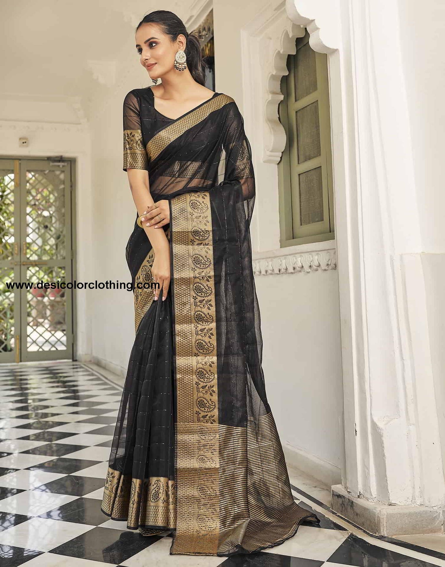 Black Organza Woven Saree