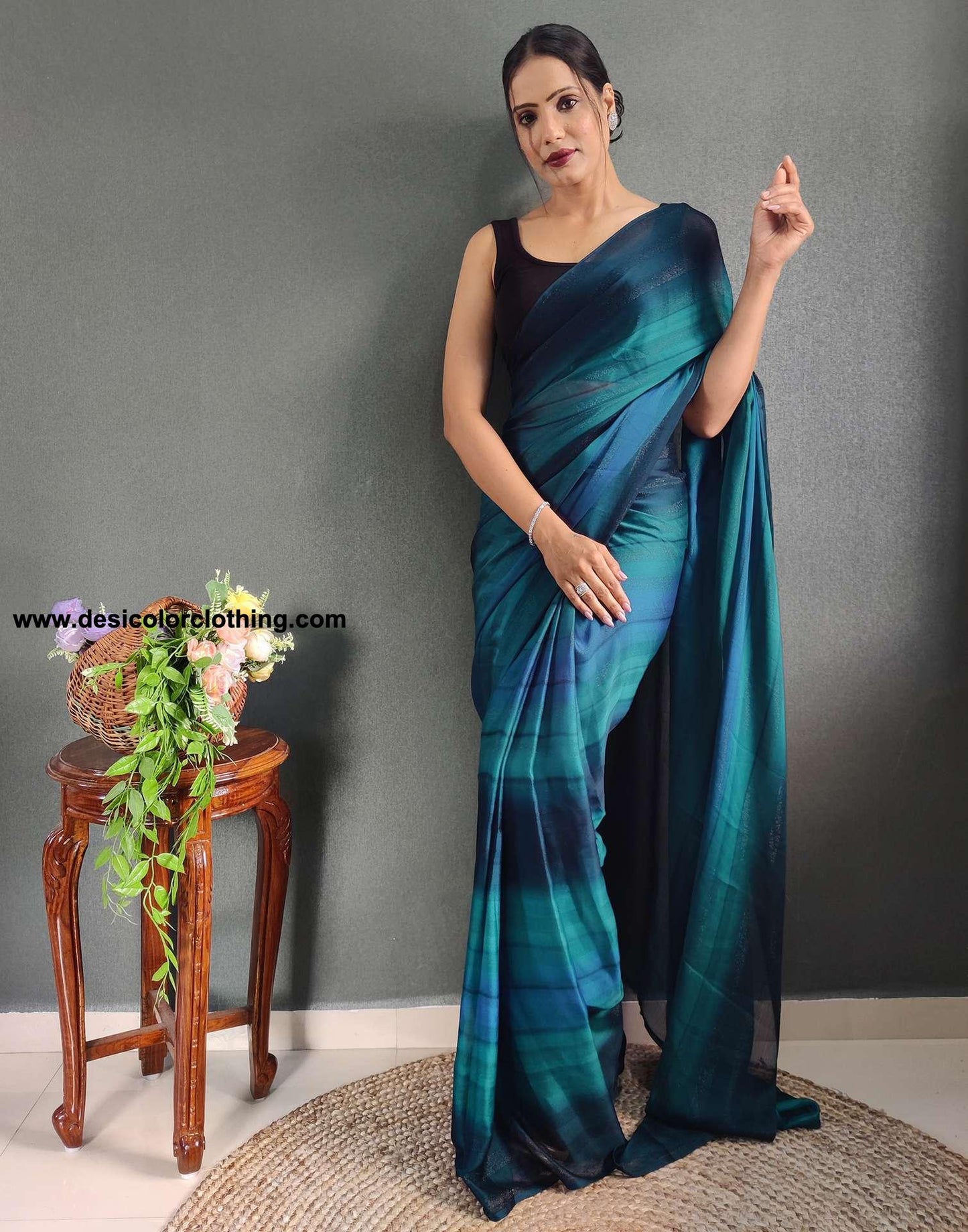 Blue Printed Georgette Pre-draped Saree
