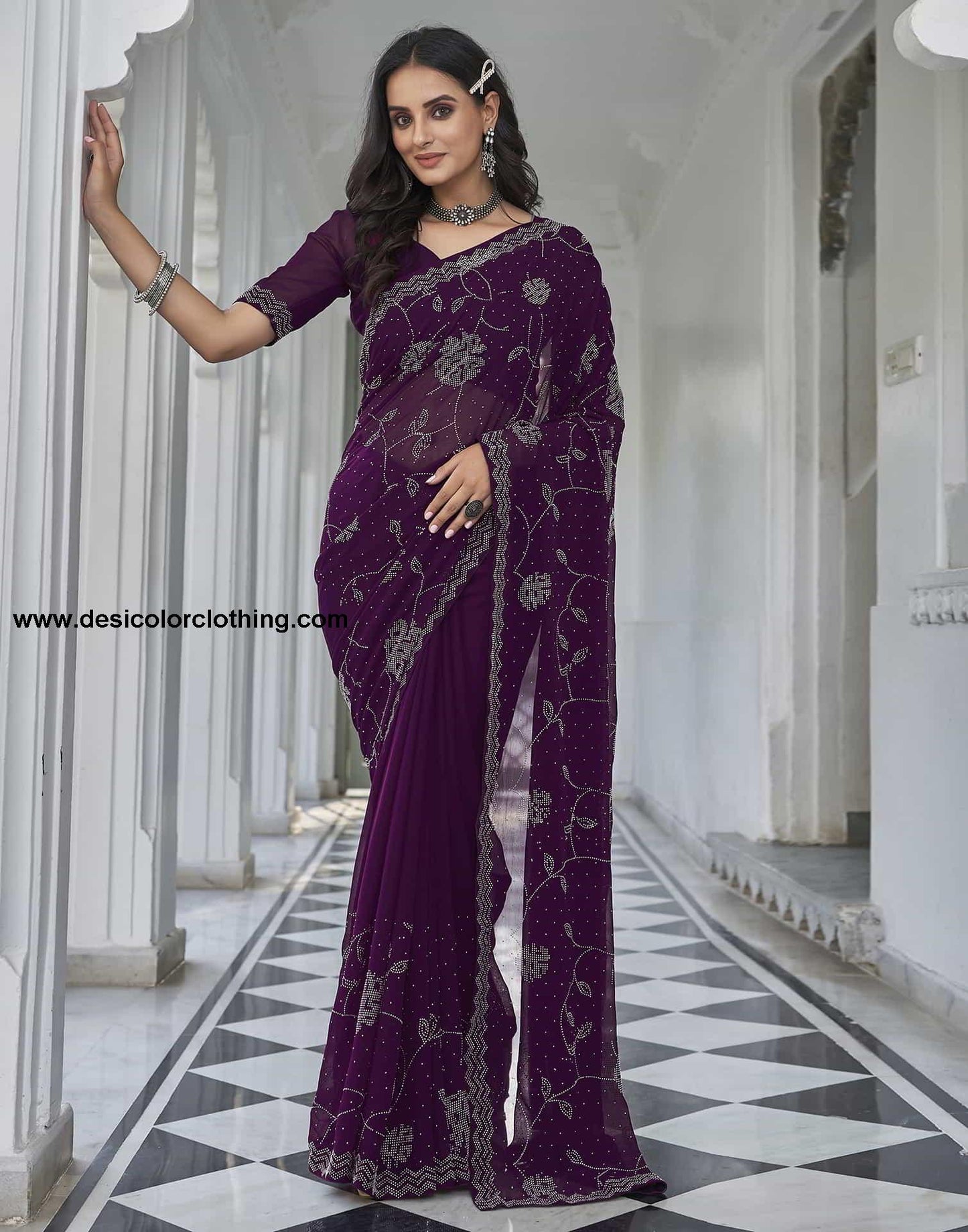 Purple Swarovski Georgette Stone Work Saree