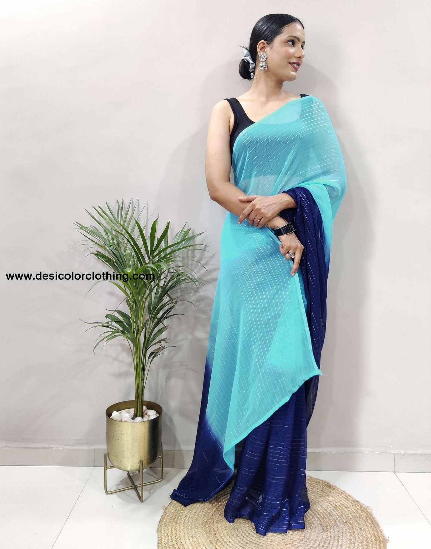 Black Banglori Silk Blouse & Blue Georgette Saree with Jari Stripes
