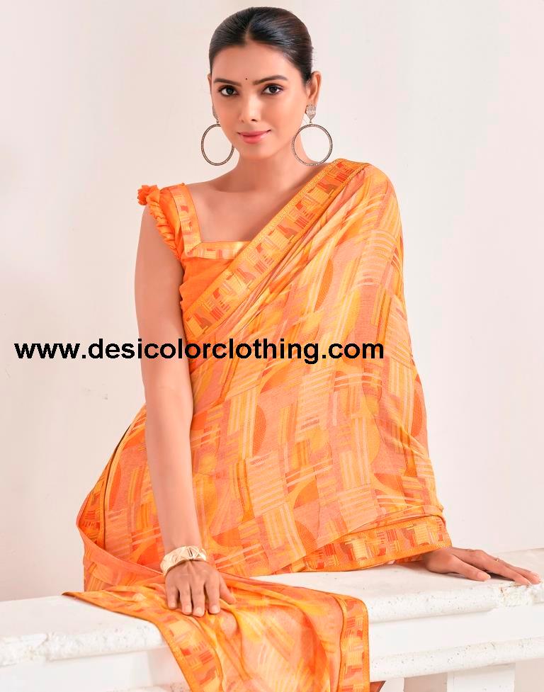 Orange Chiffon Printed Saree