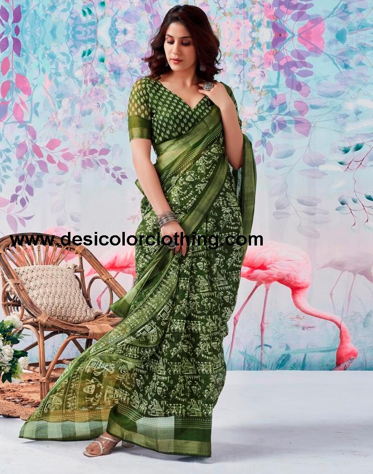Olive Green Cotton Zari Saree