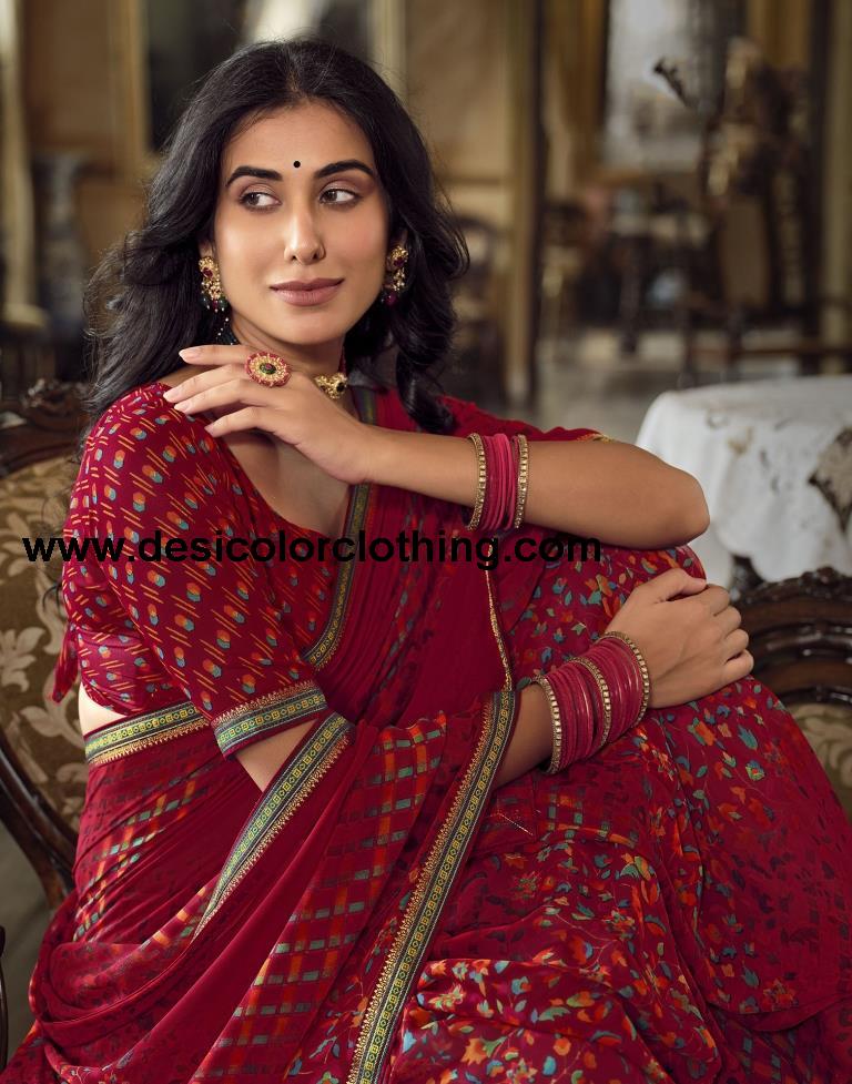 Dark Red Georgette Printed Saree