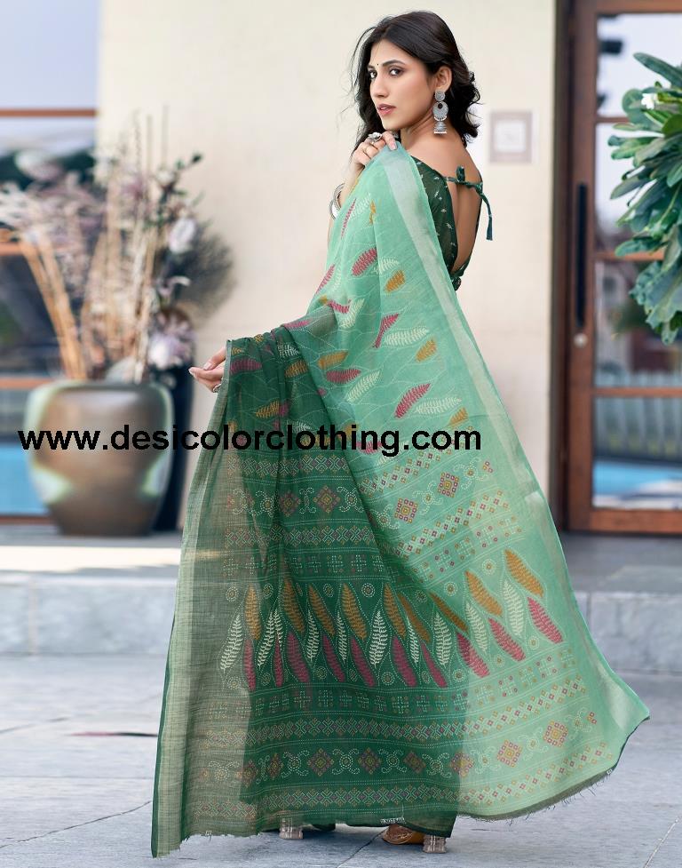 Dark Green Printed Cotton Saree