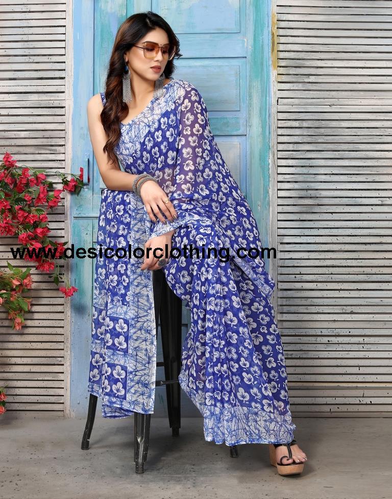 Blue Chiffon Printed Saree