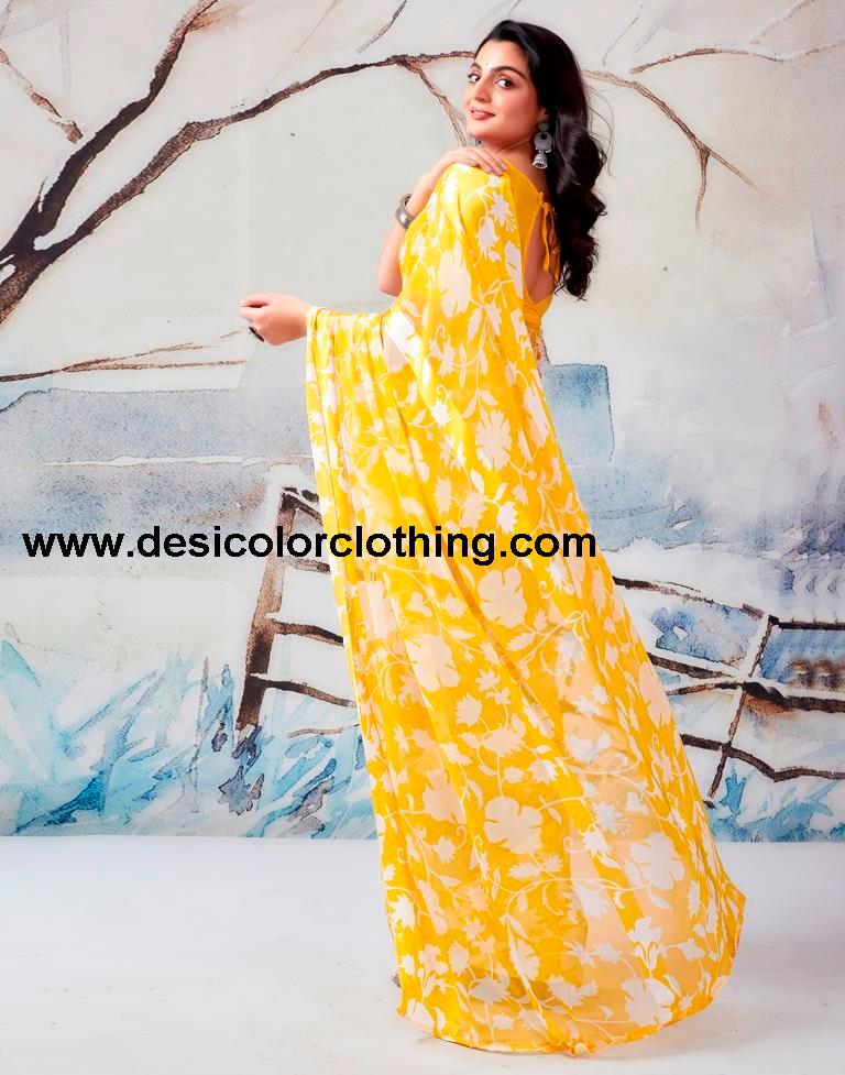 Yellow Georgette Printed Saree