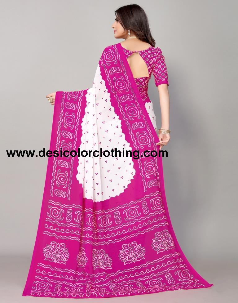 Pink And White Bandhani Printed Saree